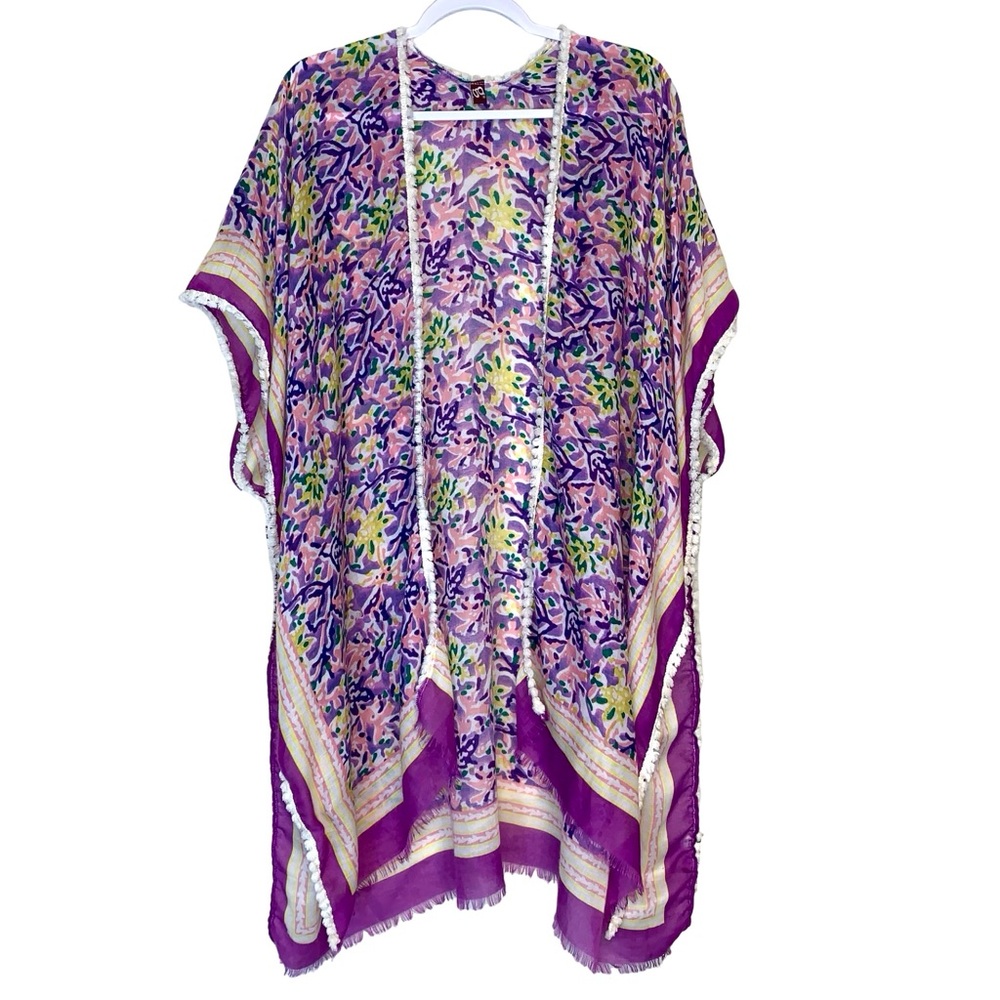 Abstract Floral Print Lightweight Kimono Coverup Swim Boho Soft Thin Sheer